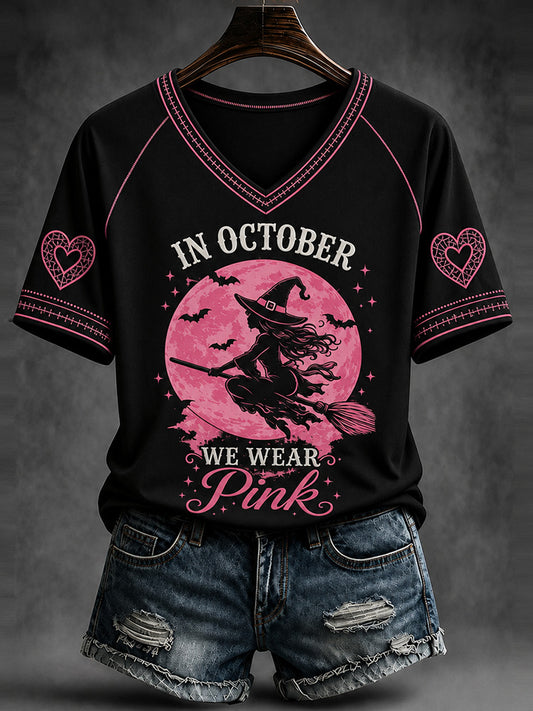 Women's Halloween Witch Broom Print Art V-neck Casual Top