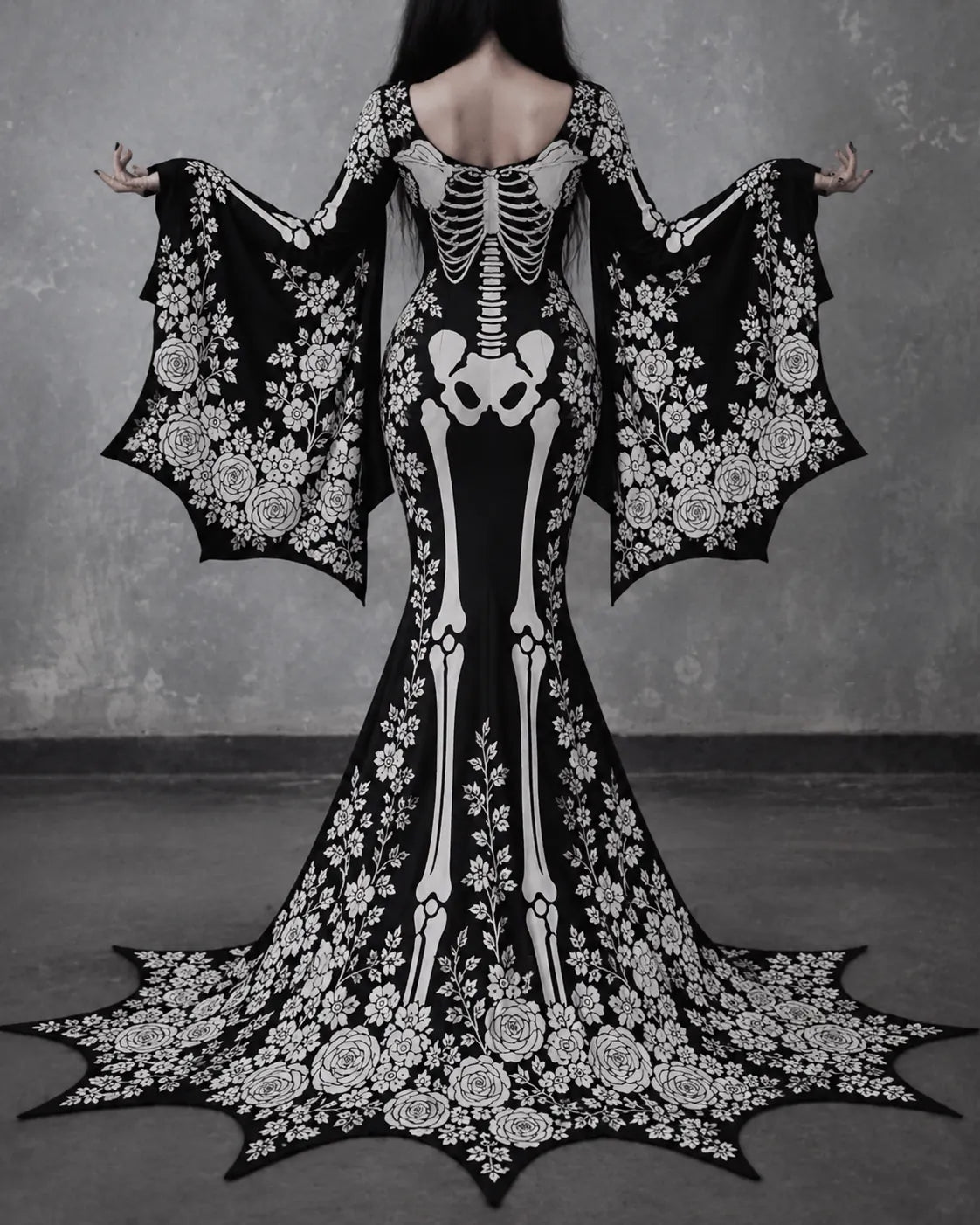Women's Gothic Skeleton With White Roses Batwing Flare Sleeve Round Neck Bodycon Maxi Dress – Halloween Costume