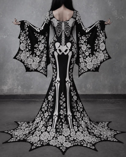Women's Gothic Skeleton With White Roses Batwing Flare Sleeve Round Neck Bodycon Maxi Dress – Halloween Costume