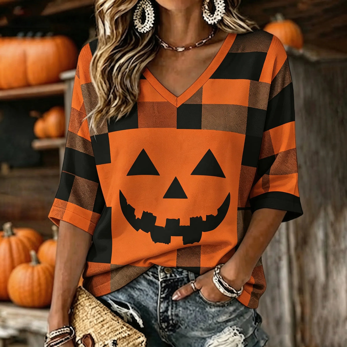 Women's Vintage Patchwork Halloween Pumpkin Face Art Printed Mid-length Sleeves V-neck T-shirt
