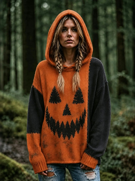 Women's Vintage Halloween Spooky Face Contrast Stitched Print Cozy Art Knit Hooded Sweater