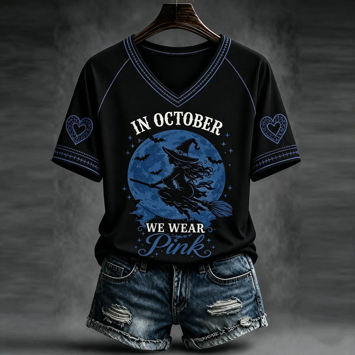 Women's Halloween Witch Broom Print Art V-neck Casual Top