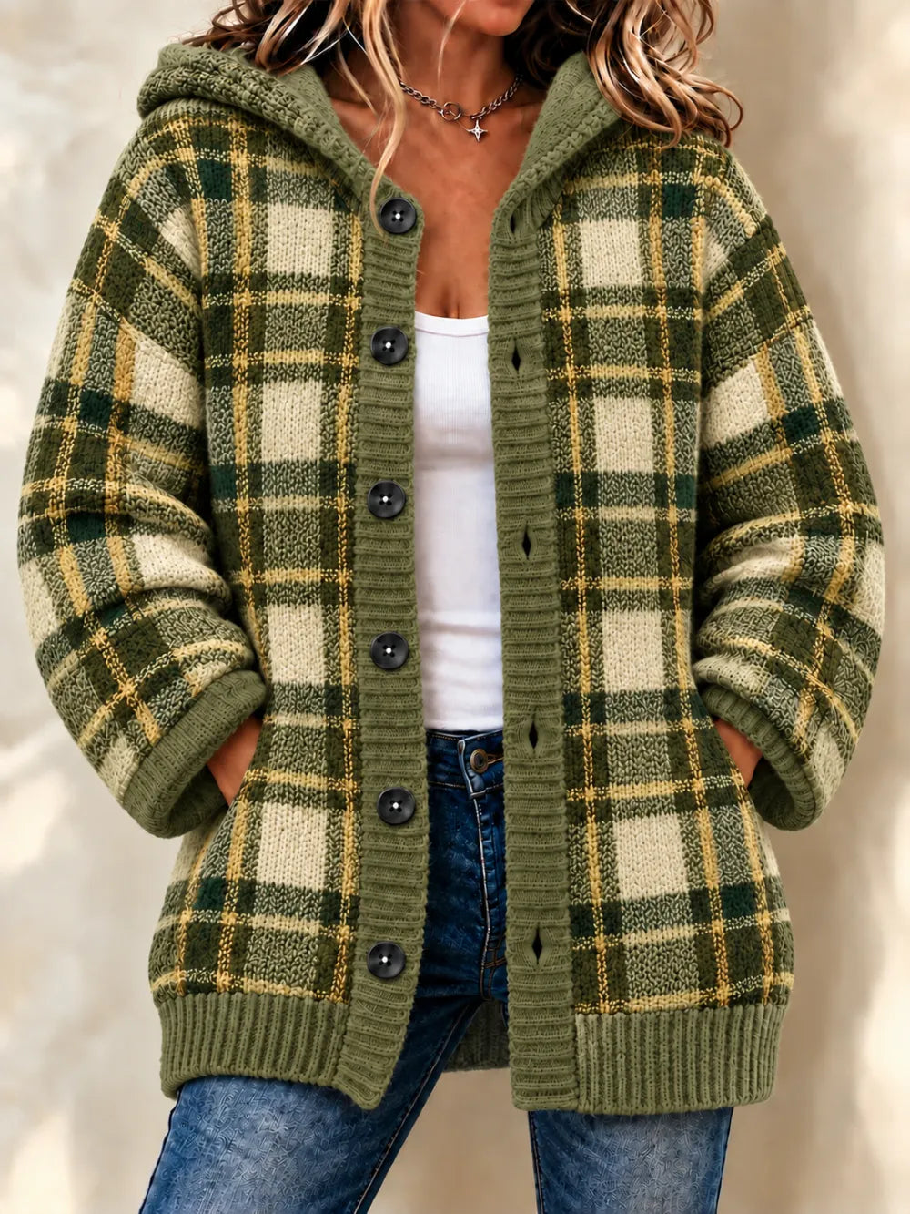 Women'S Grid Casual Hooded Long Cardigan