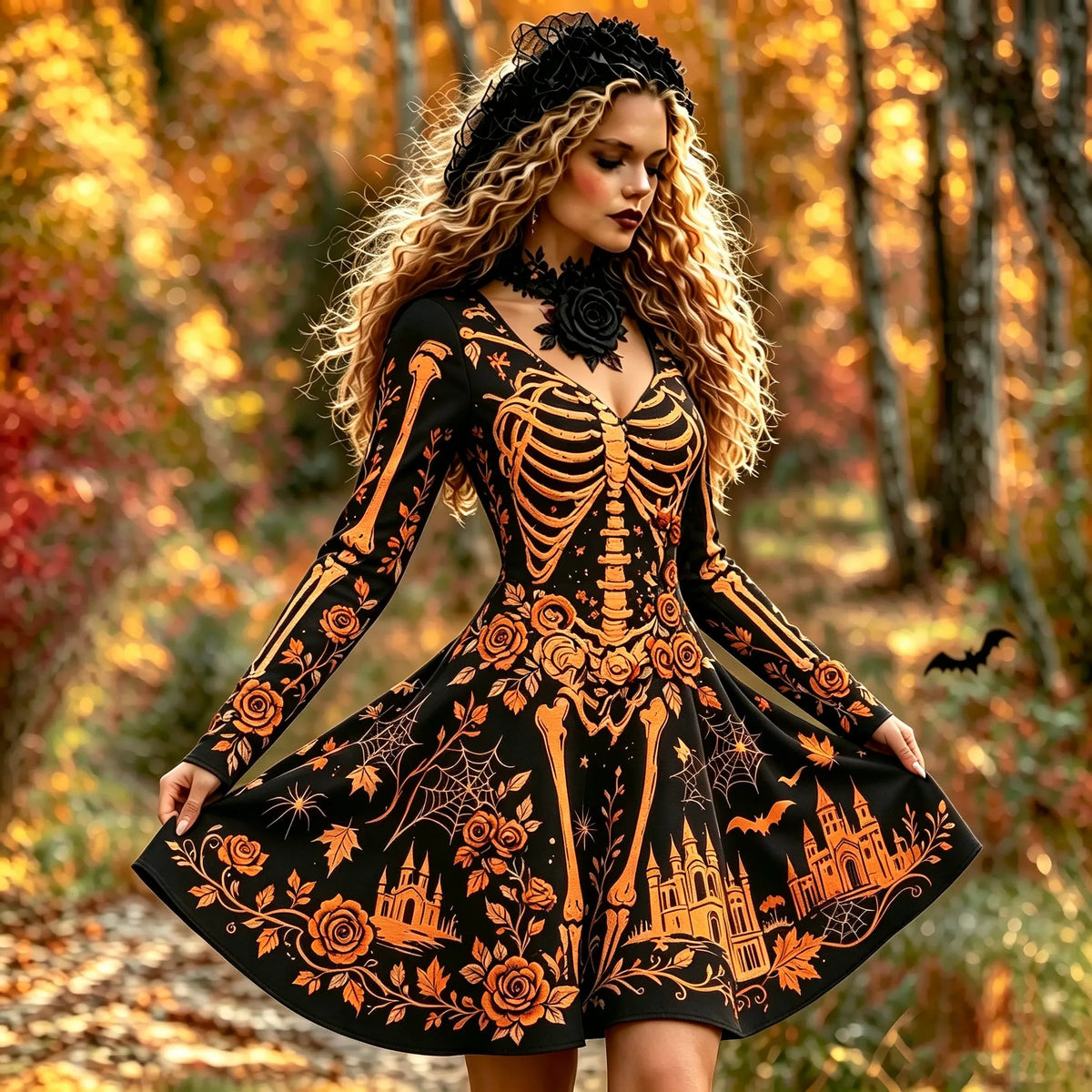 Women's Skeleton Haunted Castle Rose Print Gothic Halloween Mini Dress