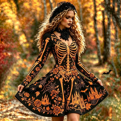 Women's Skeleton Haunted Castle Rose Print Gothic Halloween Mini Dress