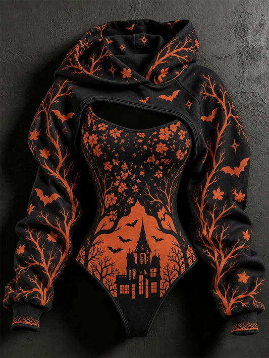 Women's Halloween Gothic Style Plant Forest Deep Castle Print Pullover Sweatshirt Two-piece Set
