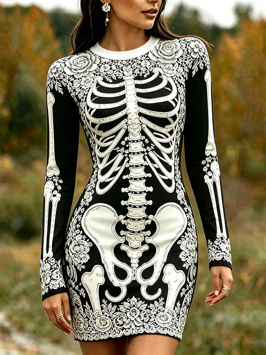Women's Gothic Skeleton White Rose Art Print Bodycon Mini Dress