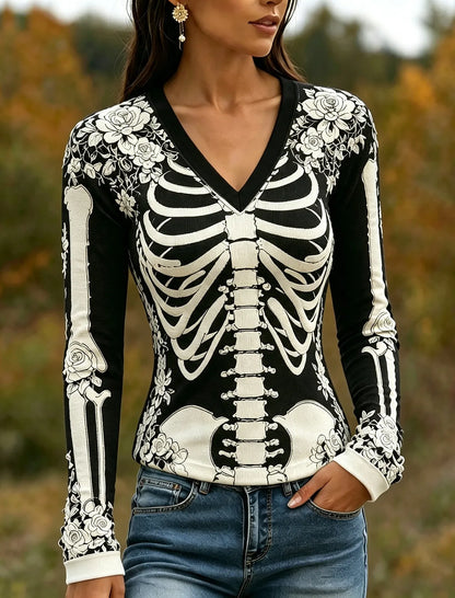 Women's Halloween Skeleton Bones With Roses Art Casual Long Sleeve V Neck T-shirt