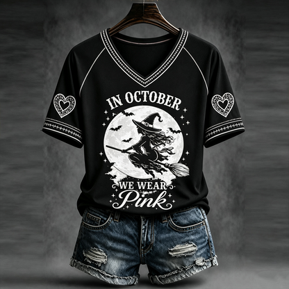Women's Halloween Witch Broom Print Art V-neck Casual Top