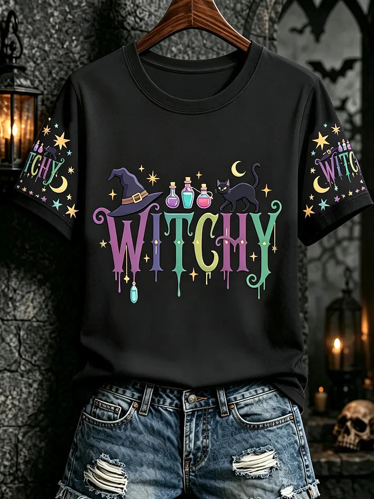 Women's Halloween-themed Cat Print Crew Neck Short-sleeved T-shirt