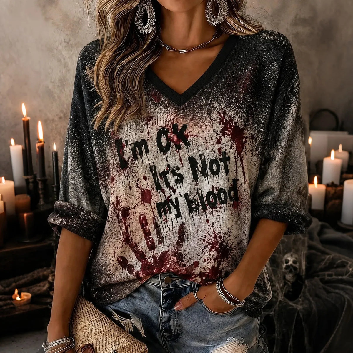 Women's I'm Ok It's Not My Blood Printed Mid-length Sleeves V-neck T-shirt