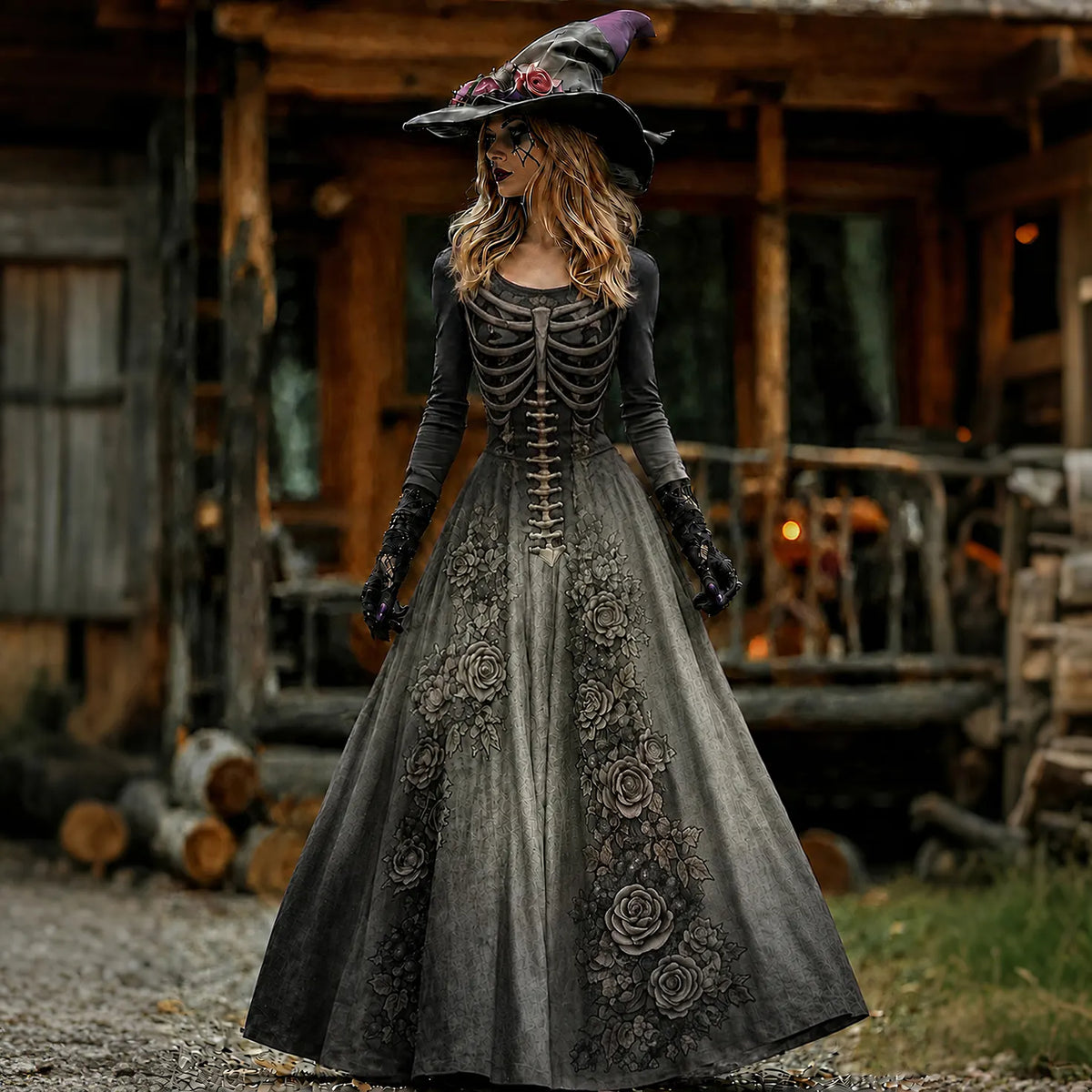 Vintage  Skull Rib Cage Rose Pattern Maxi Dress