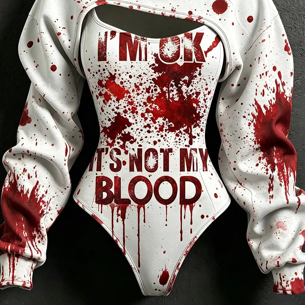 Women's Retro Halloween Bloodstain 'i'm Ok It's Not My Blood' Print Hoodie Two-piece Set