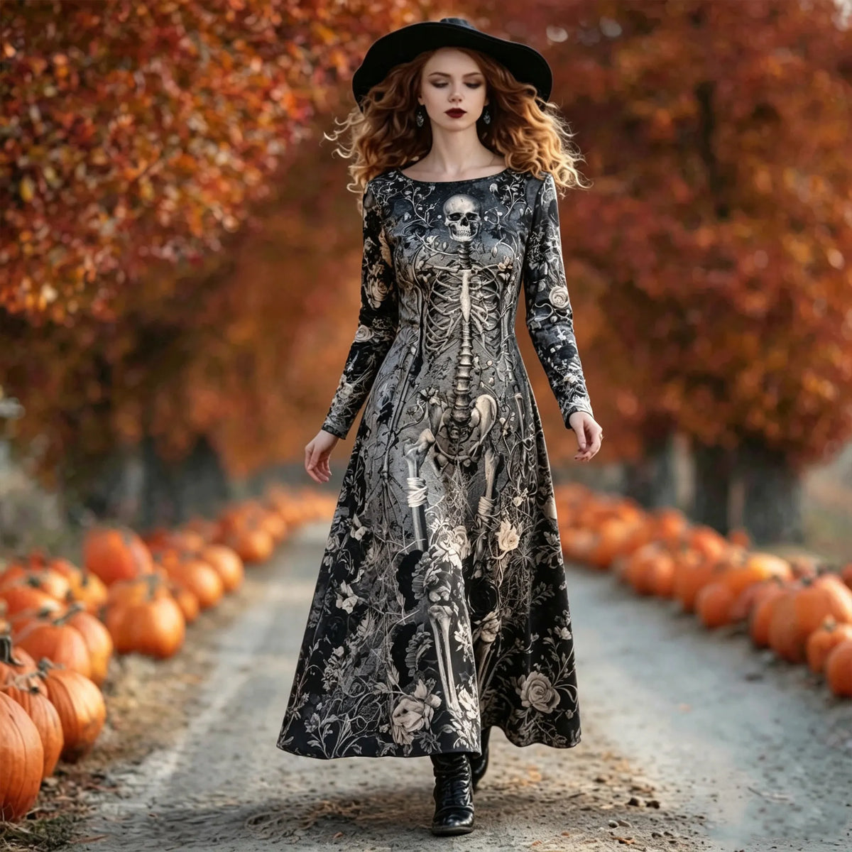 Women's Halloween Gothic Skull Rose Print Casual Flowy Dress