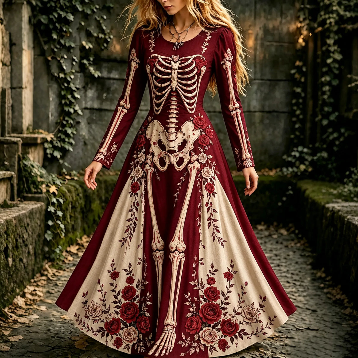 Women's Halloween Gothic Skeleton & Floral Long-sleeve Maxi Dress
