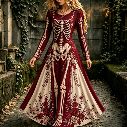 Women's Halloween Gothic Skeleton & Floral Long-sleeve Maxi Dress