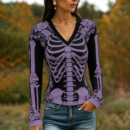 Women's Halloween Skeleton Bones With Roses Art Casual Long Sleeve V Neck T-shirt