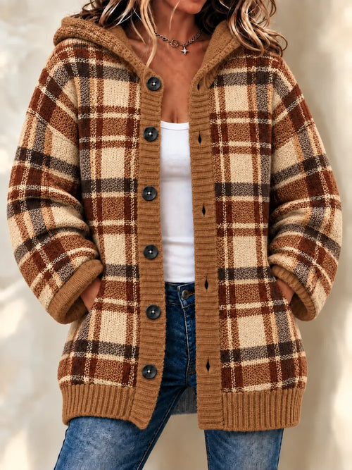 Women'S Grid Casual Hooded Long Cardigan