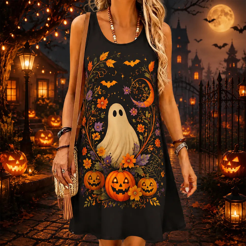 Women's Sleeveless Scoop Neck Halloween Tank Dress Featuring Cute Ghost, Jack-o'-lanterns, And Autumn Floral Wreath
