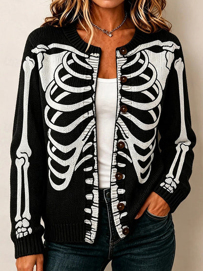 Women's Halloween Skull Graphics Knit Button Cardigan