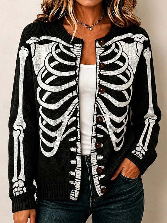 Women's Halloween Skull Graphics Knit Button Cardigan