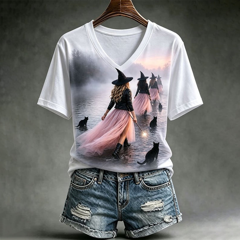 Women's Retro Halloween Cat Print Pattern Casual V-neck T-shirt