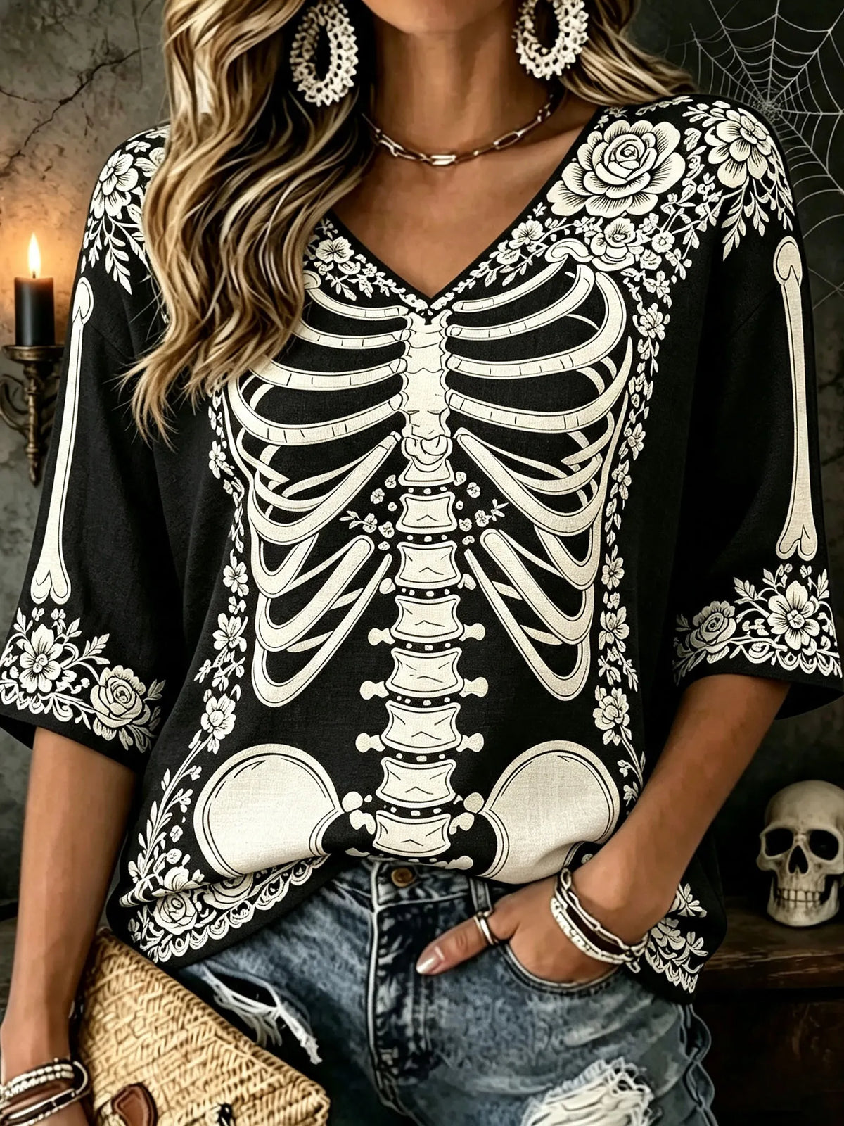 Women's Vintage Halloween White Rose And Human Skeleton Art Printed Mid-length Sleeves V-neck T-shirt