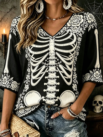 Women's Vintage Halloween White Rose And Human Skeleton Art Printed Mid-length Sleeves V-neck T-shirt