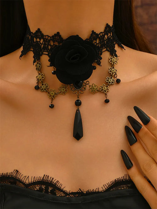 Vintage Gothic Black Rose Floral Lace Choker