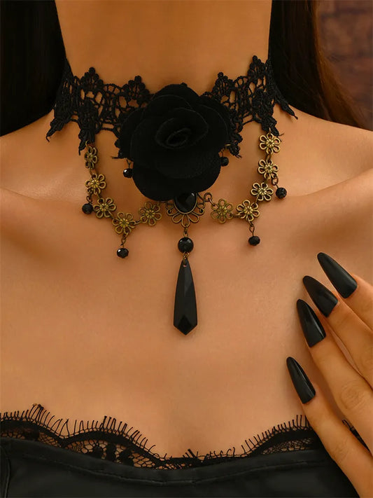 Vintage Gothic Black Rose Floral Lace Choker