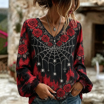 Women's Rose Flowers Spider Web Art Print Flowy Linen Blend Long Sleeve Casual Tops