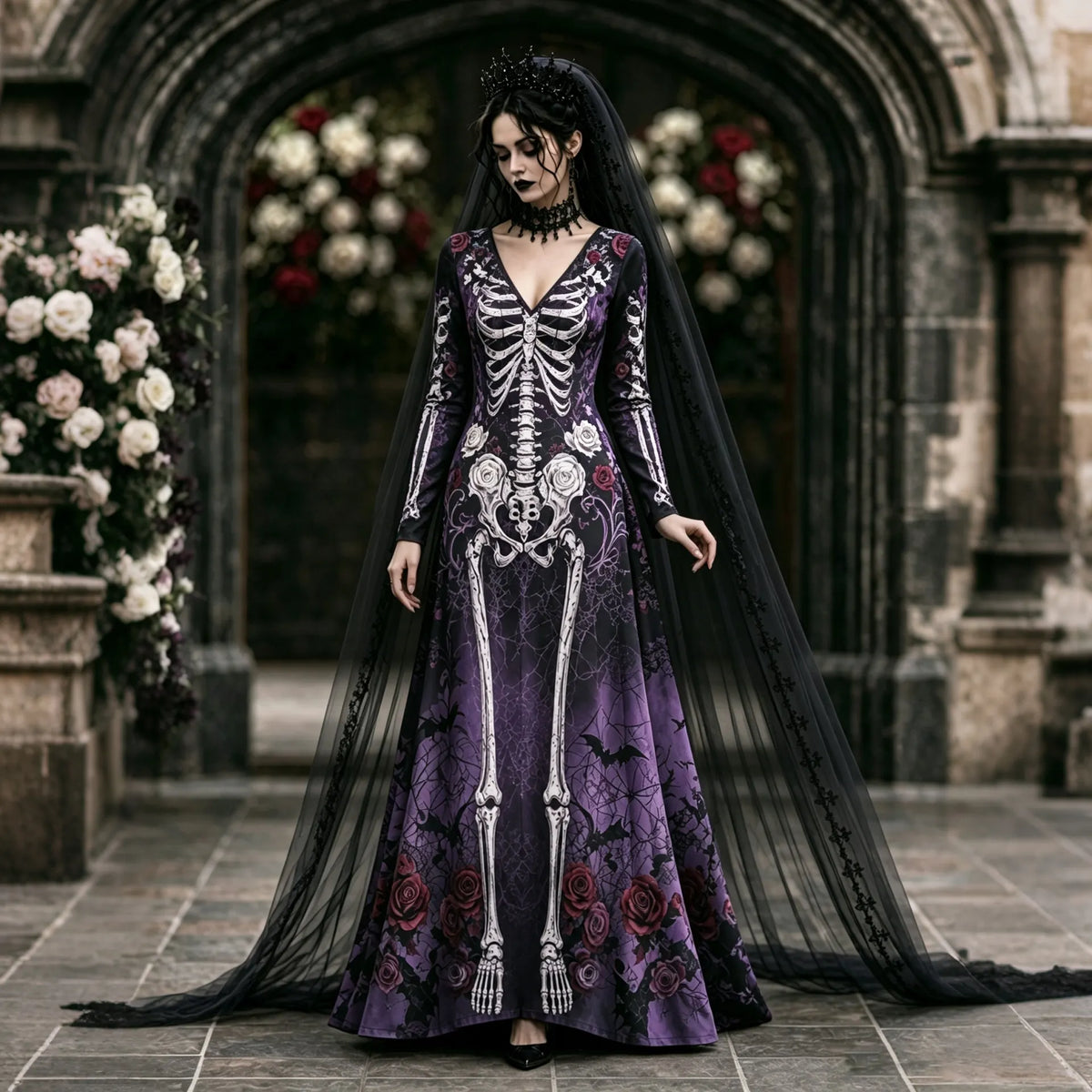 Women's Retro Halloween Gothic Skeleton Floral Art V-neck Maxi Dress