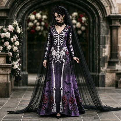 Women's Retro Halloween Gothic Skeleton Floral Art V-neck Maxi Dress