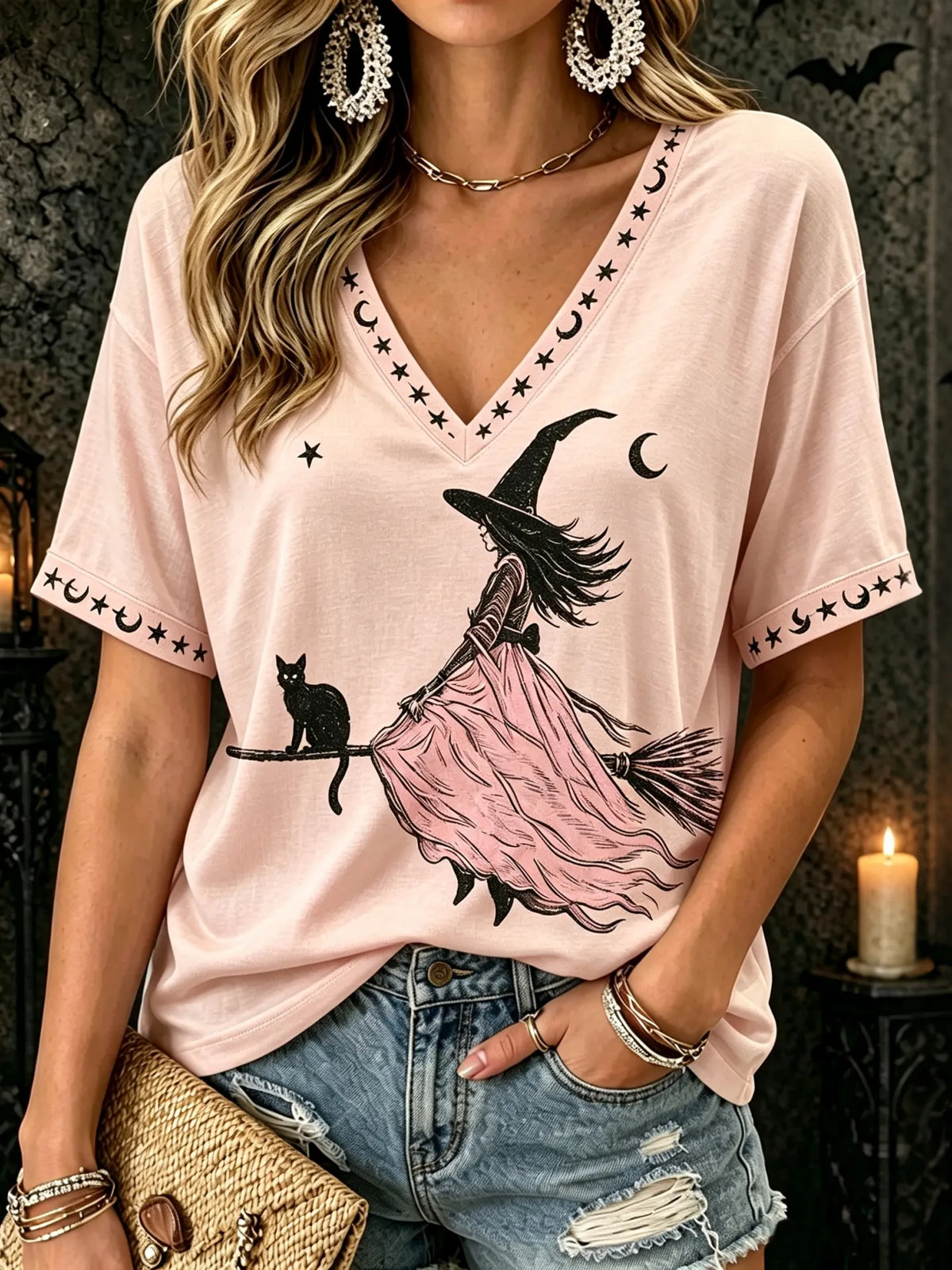 Women's Retro Witch Black Cat Print Star And Moon Print Short-sleeve V-neck T-shirt