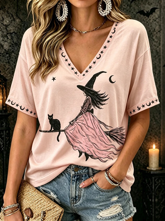 Women's Retro Witch Black Cat Print Star And Moon Print Short-sleeve V-neck T-shirt