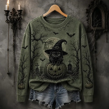 Women's Halloween Black Cat Print Sweatshirt