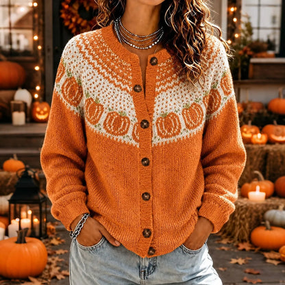 Women's Halloween Pumpkin Pattern Jacquard Fair Isle Knit Button Cardigan