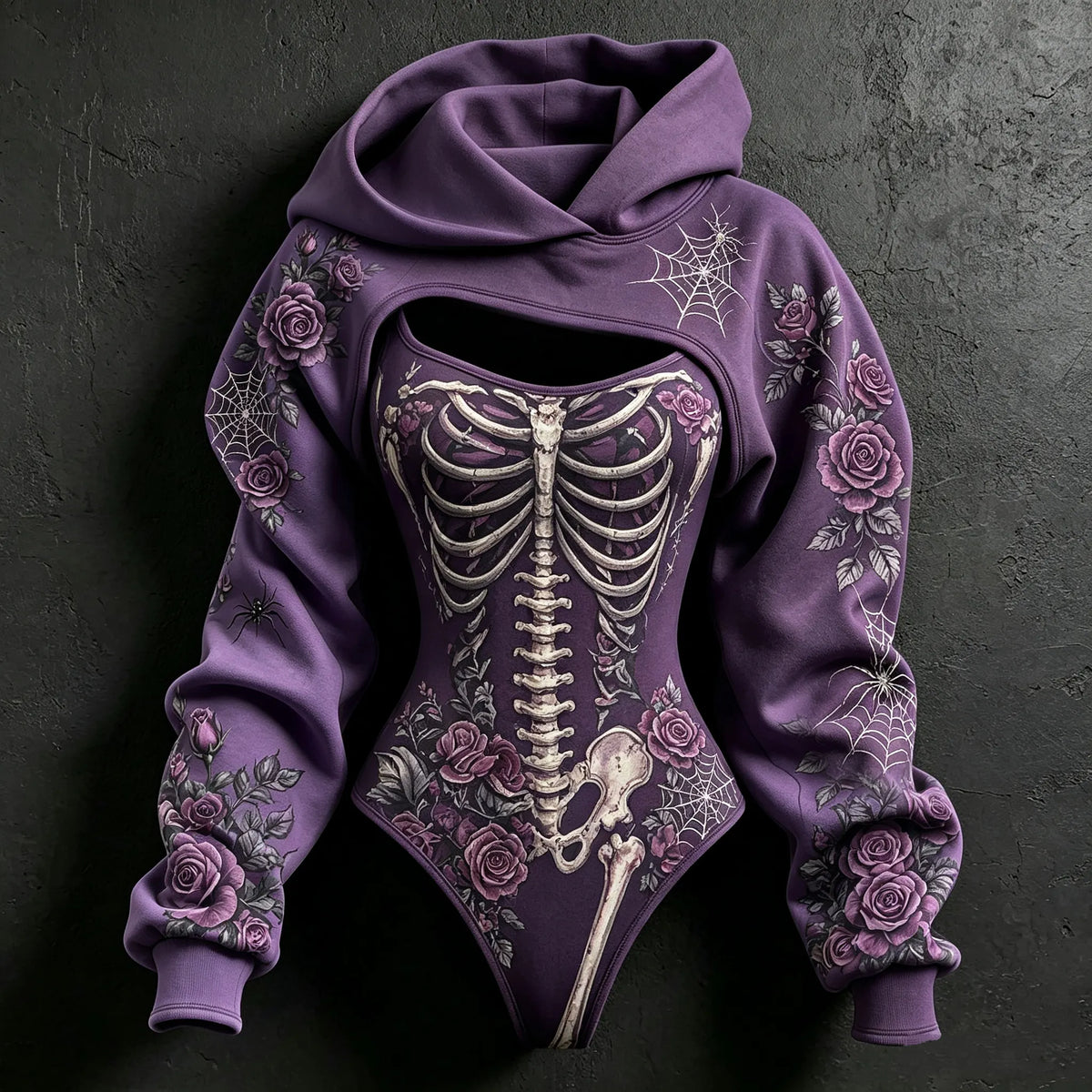 Women's Halloween Rose Skeleton Spider Web Hoodie Two-piece Set