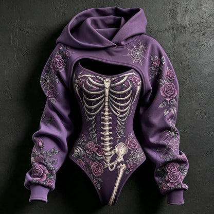 Women's Halloween Rose Skeleton Spider Web Hoodie Two-piece Set
