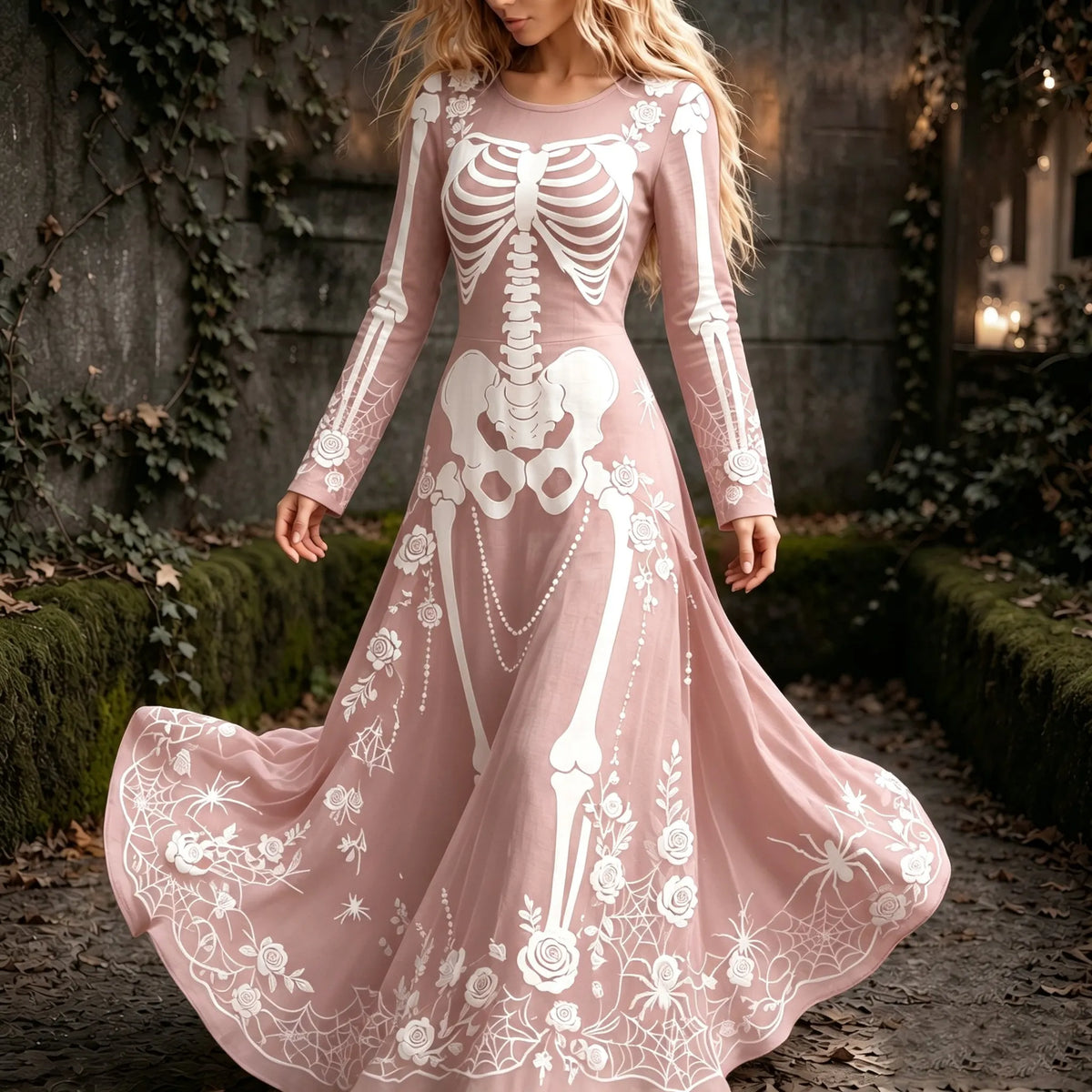 Women's Retro Gothic Spider Skull Floral Pattern Mixi Halloween Dress