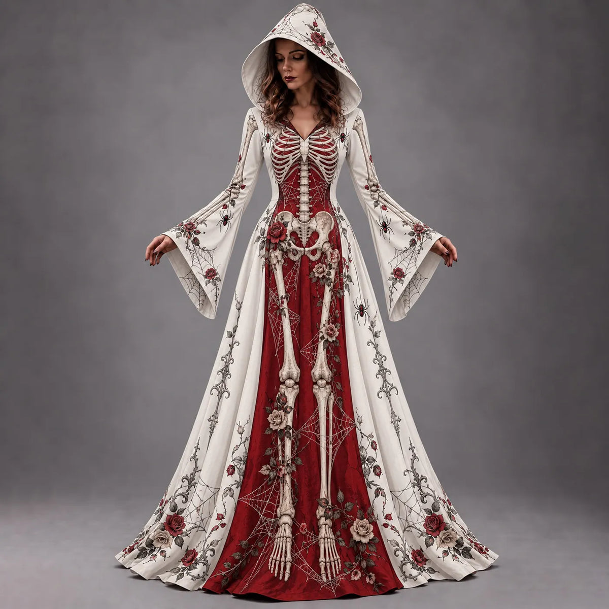 Women's Halloween Gothic Skeleton & Rose Floral Long-sleeve Hooded Long Dress