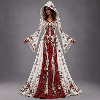 Women's Halloween Gothic Skeleton & Rose Floral Long-sleeve Hooded Long Dress