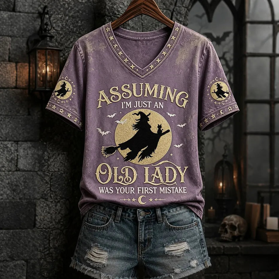 Assuming I'm Just An Old Lady Women's Halloween Print Pattern Casual V-neck T-shirt