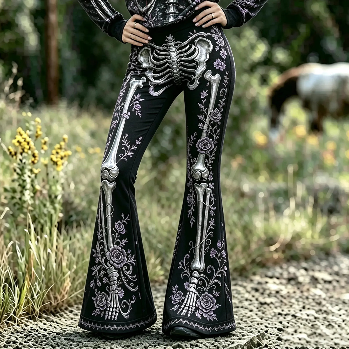 Women’s Goth Skeleton Floral Print Flare Pants
