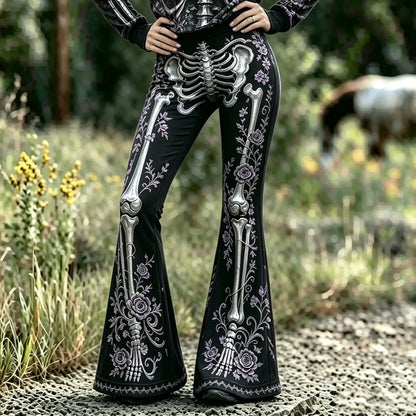 Women’s Goth Skeleton Floral Print Flare Pants