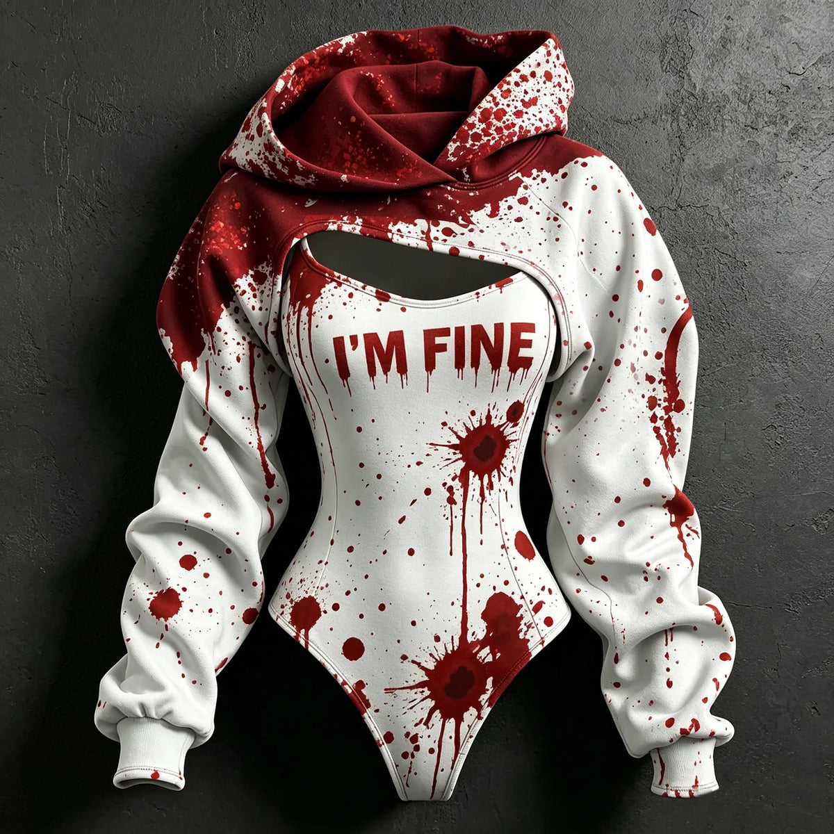 Women's Retro Halloween Bloodstain I'm Fine Print Hoodie Two-piece Set