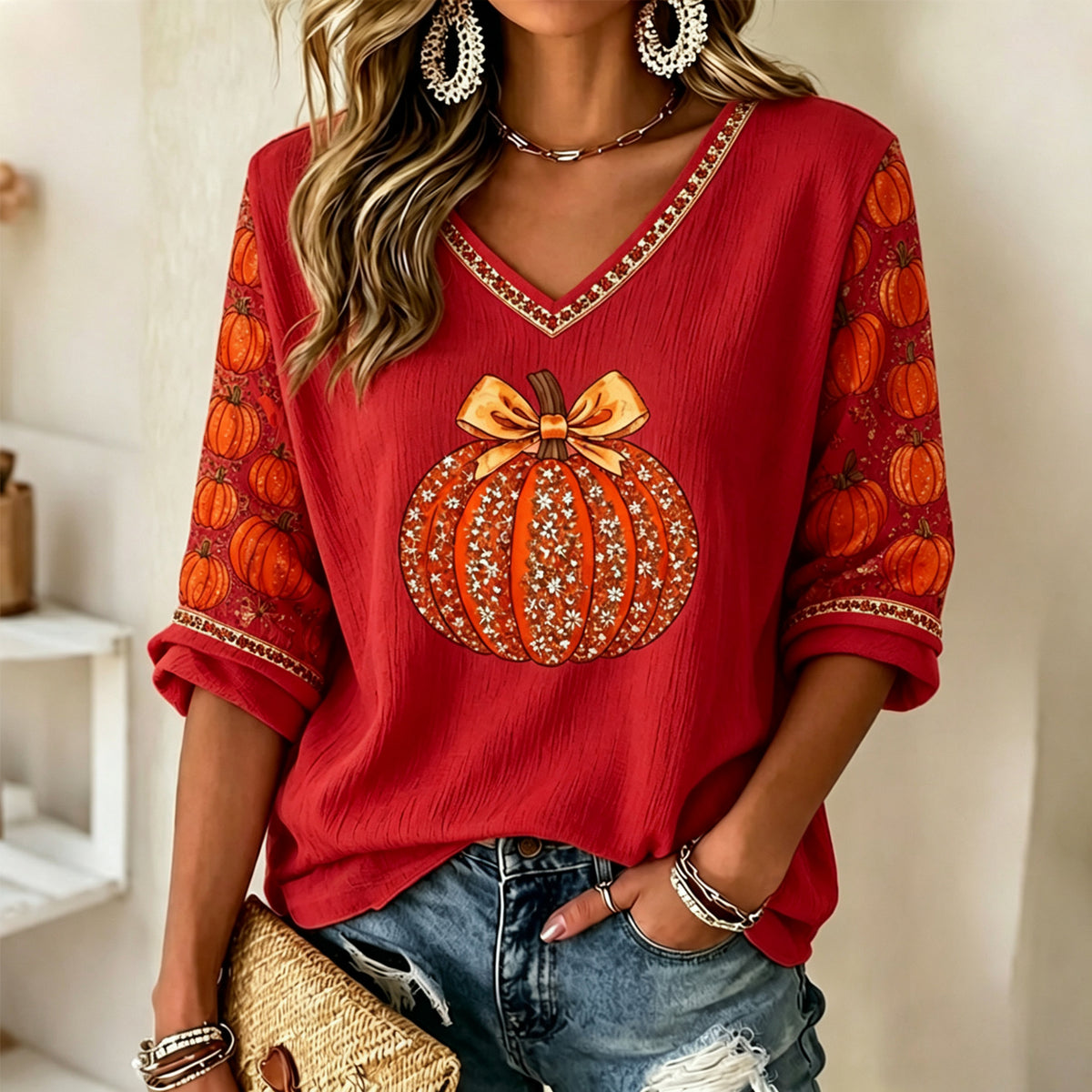 Women's Autumn Pumpkin Rhinestone Pattern Casual Mid-sleeve T-shirt