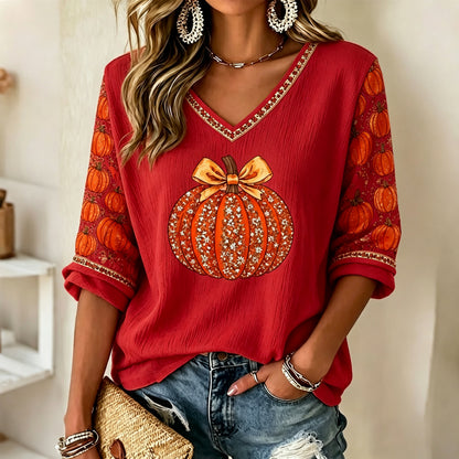 Women's Autumn Pumpkin Rhinestone Pattern Casual Mid-sleeve T-shirt