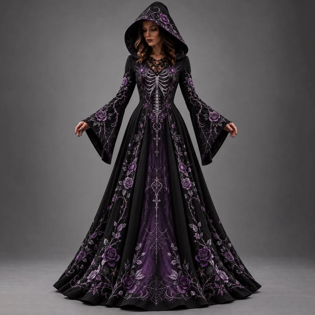Women's Halloween Gothic Skeleton & Floral Art Long-sleeve Hooded Dress
