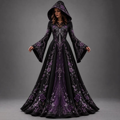 Women's Halloween Gothic Skeleton & Floral Art Long-sleeve Hooded Dress